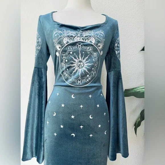 Willow Buffy Inspired Teal Velvet Maxi Dress Zodiac Celestial Design S/M - Picture 2 of 6
